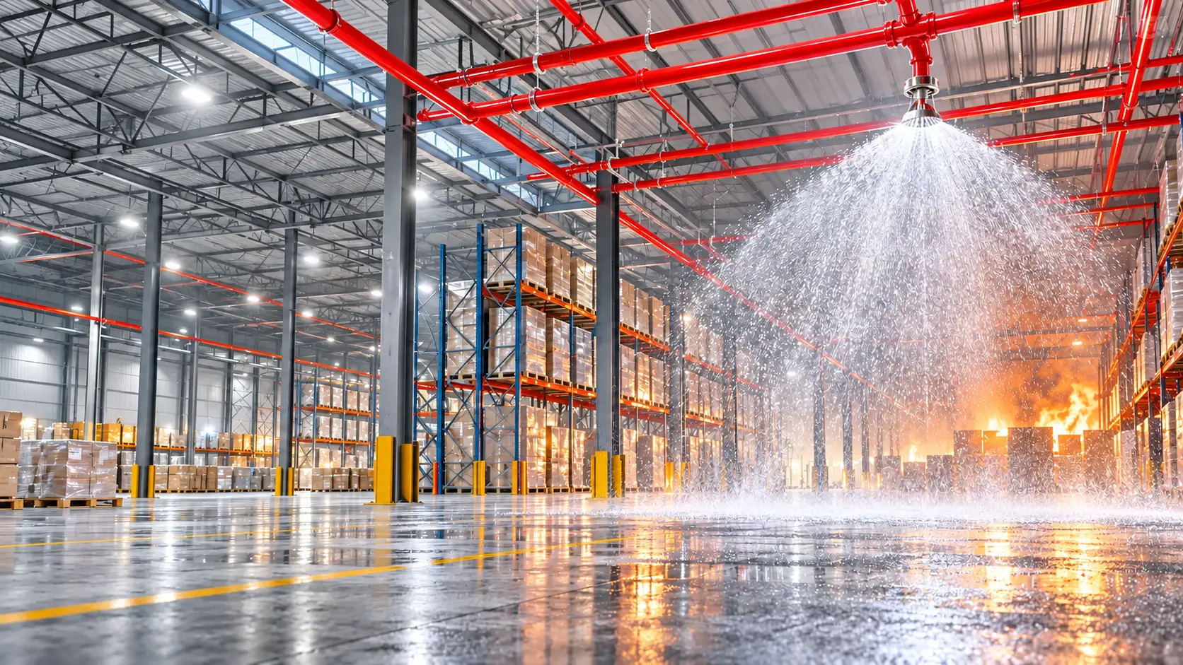 Sistema de rociadores activado en una instalación industrial luminosa